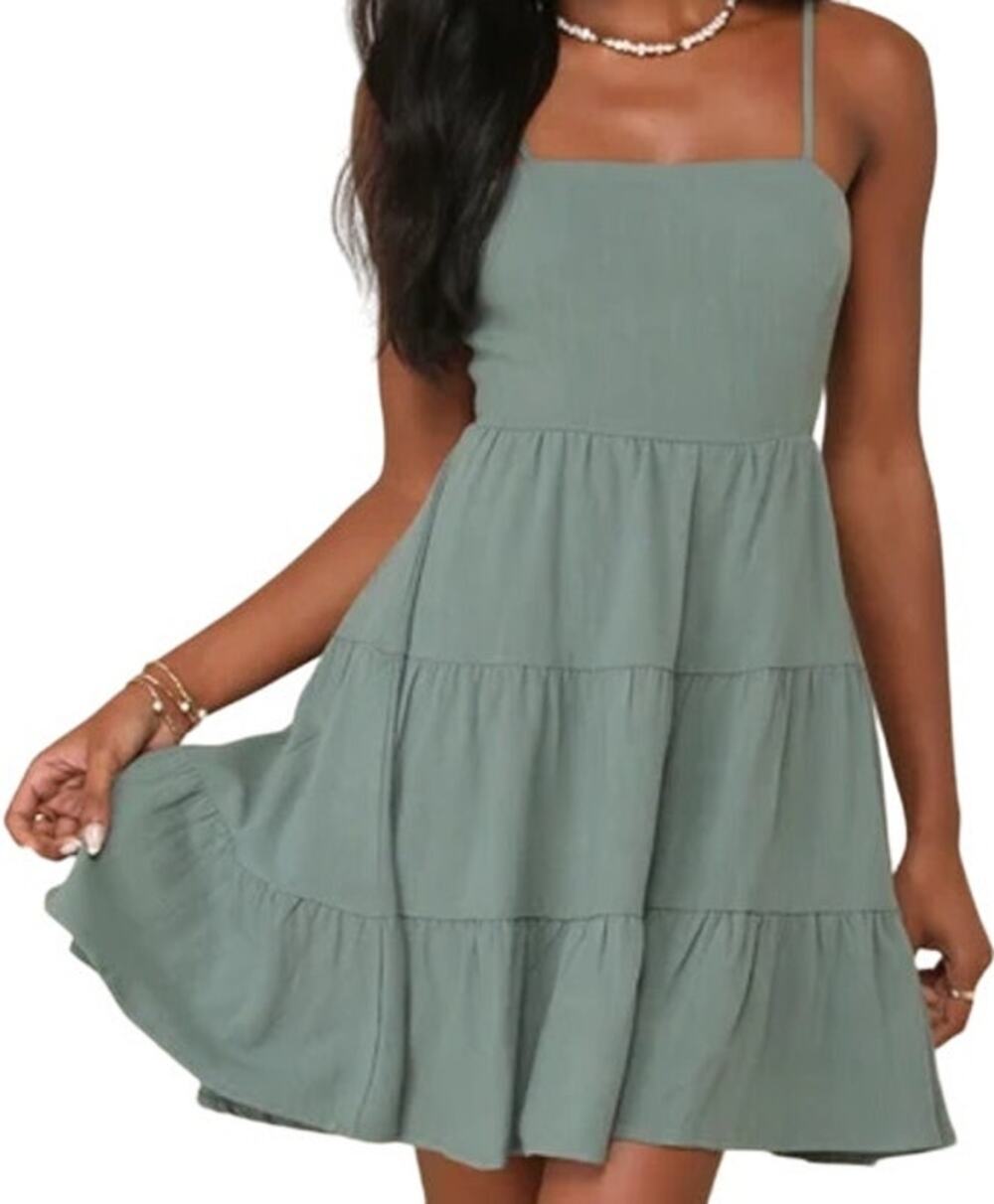 Lulus Make a Day of It Green Cutout Tiered Mini Dress Square Linen Medium NWT